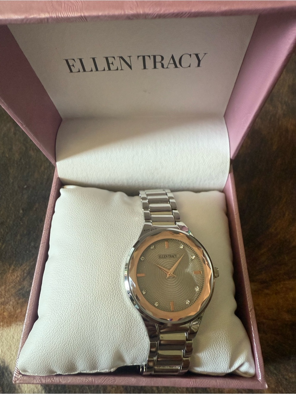 Ellen Tracy Silver Watch with Rose Gold Dial